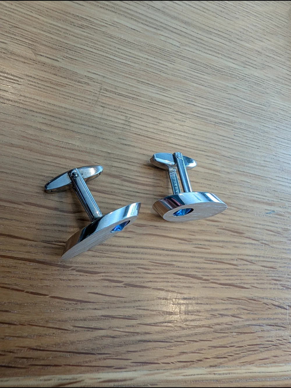 Vintage Brushed Silver Oval Cufflinks with Blue Crystal Accent By Sarah Coventry